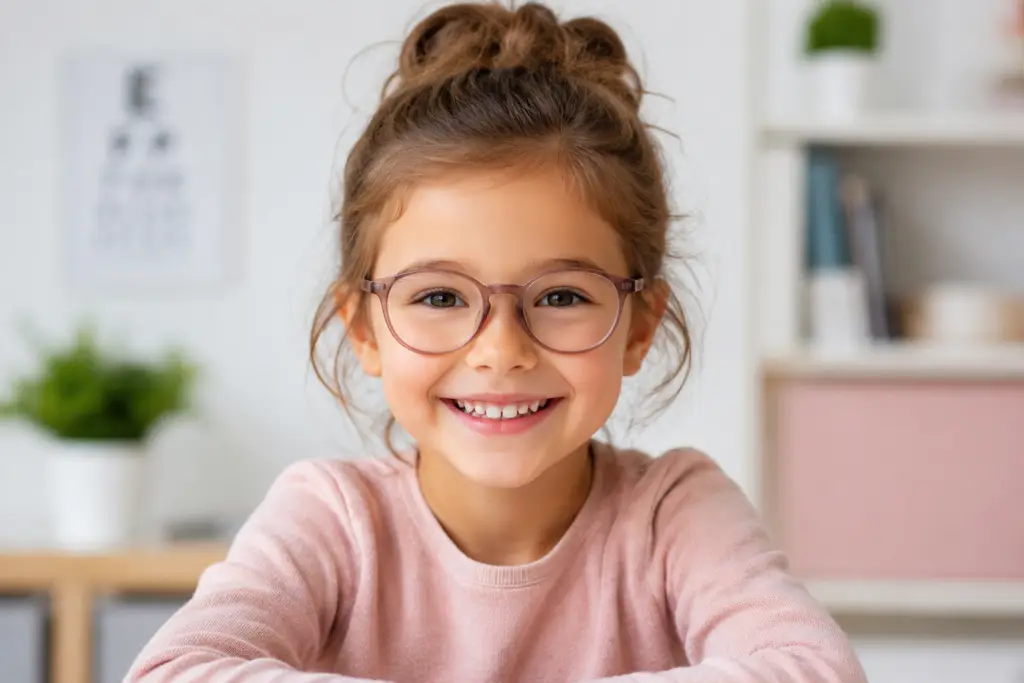 Smiling young girl wearing glasses for vision correction