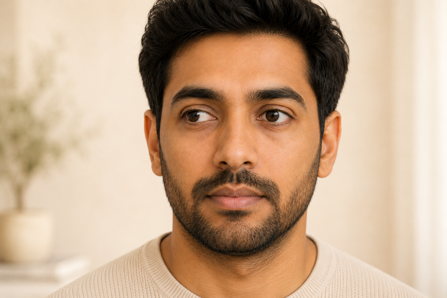 Adult man withe xotropia squint (outward deviation) affecting the right eye