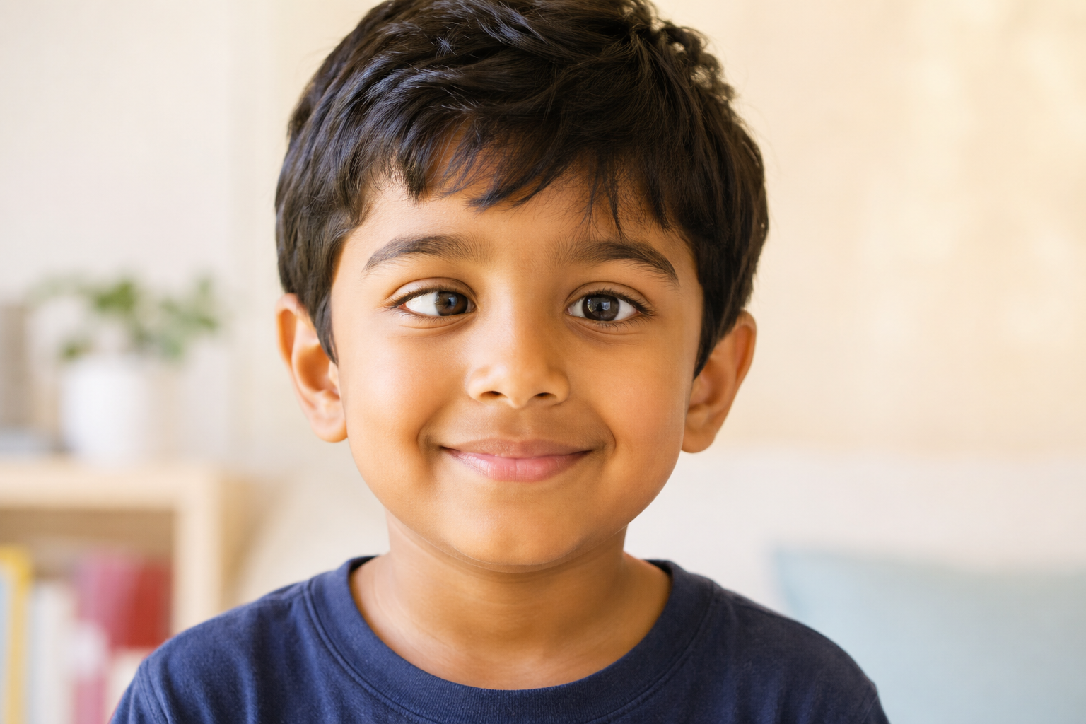 Smiling young child with an inward-turning eye (esotropia), illustrating a childhood squint.