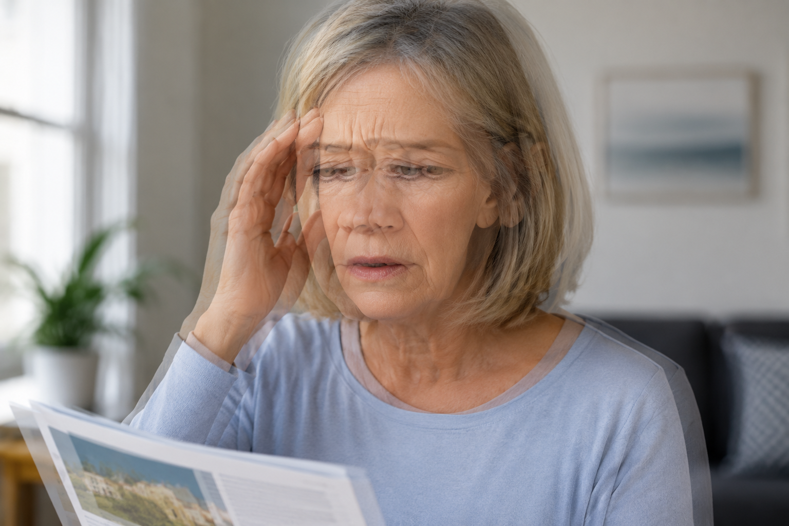 Older woman experiencing double vision after cataract surgery or laser eye surgery
