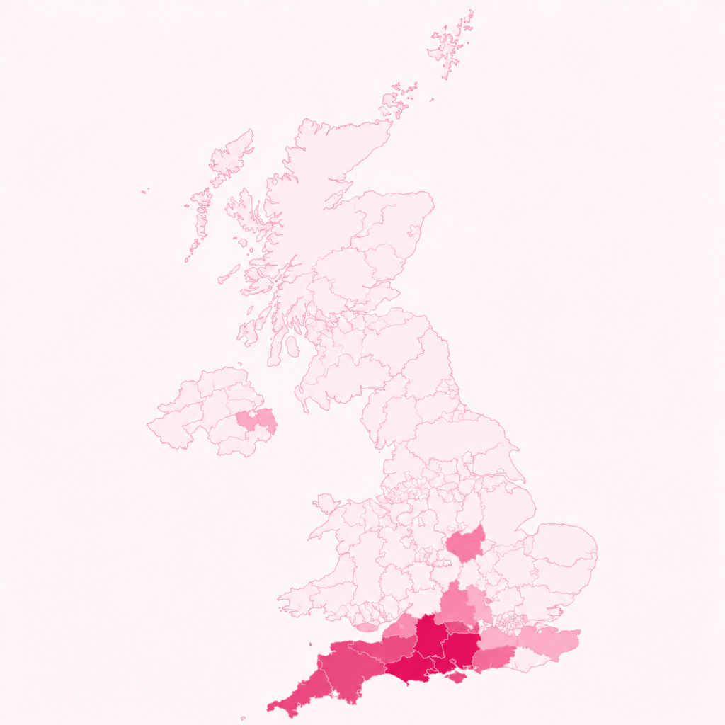 Heatmap showing where patients travel from across the UK to see Consultant Ophthalmologist Miss Stephanie West, with the highest concentration in Hampshire and the South of England.