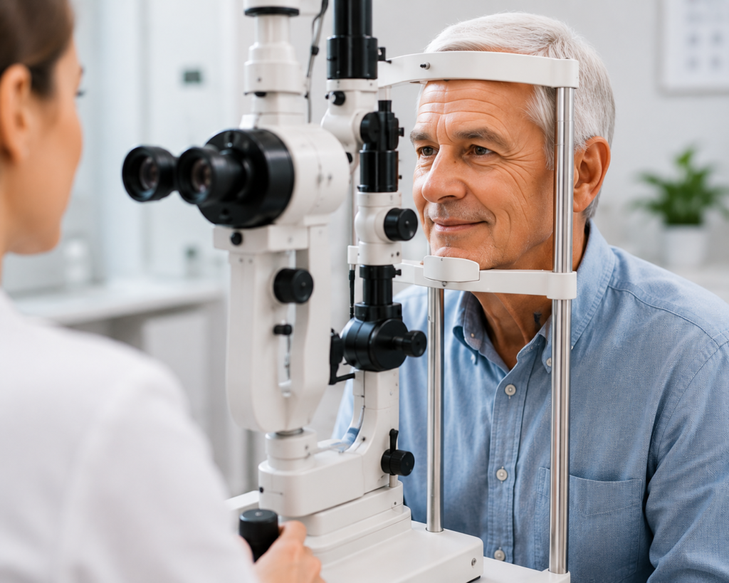 Older adult preparing for cataract surgery to improve vision and reduce dependence on glasses