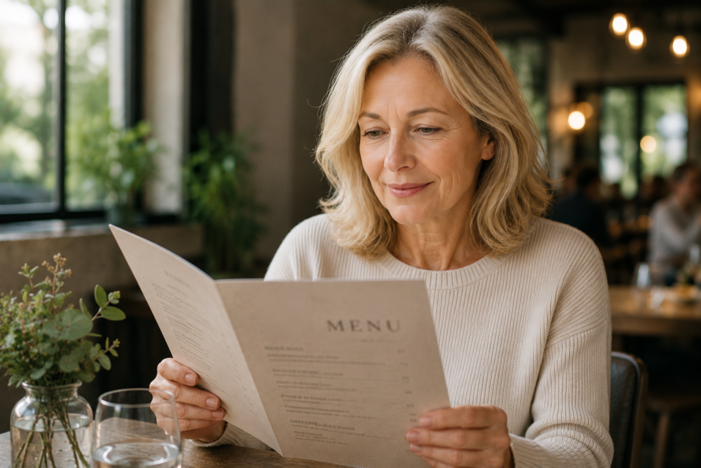 Older woman comfortably reading a restaurant menu without glasses after cataract surgery
