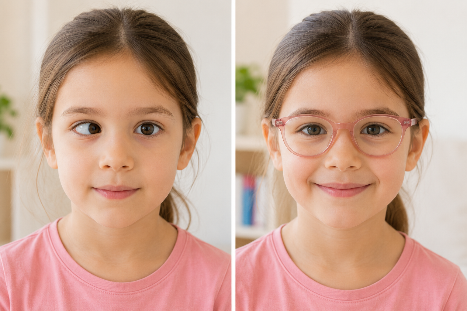Side-by-side image of a happy child with accommodative esotropia showing an inward-turning eye before glasses and straight eyes after wearing long-sighted glasses.