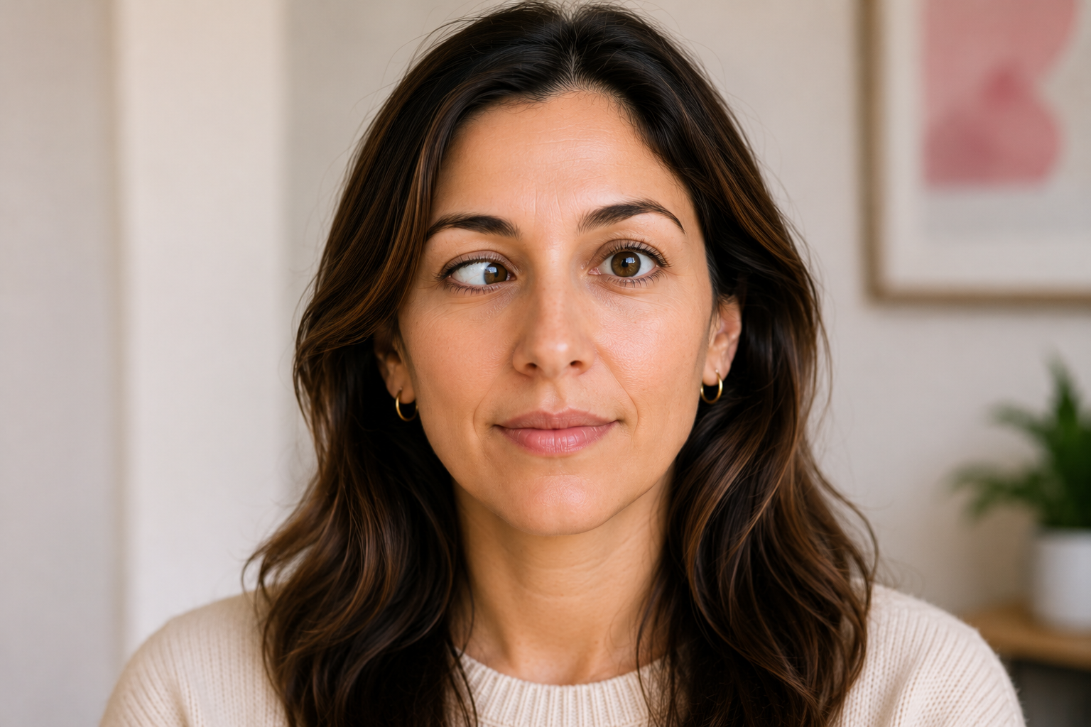 Portrait of an adult woman with an esotropia, showing one eye looking straight ahead and the other turning inwards, illustrating an inward-turning squint in an adult.