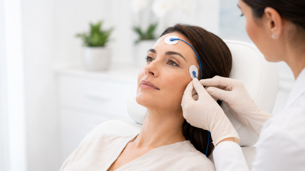 Adult patient with facial electrodes being prepared for an EMG-guided botulinum toxin injection for squint treatment.