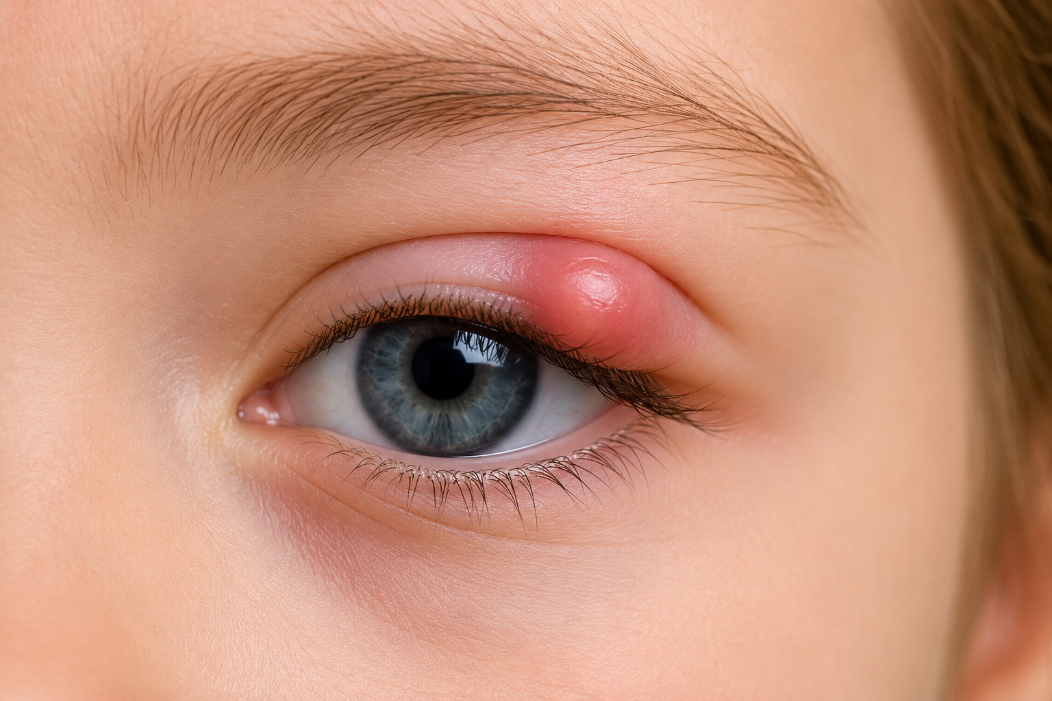Close-up of a child with a chalazion (blocked meibomian gland) on the upper eyelid.