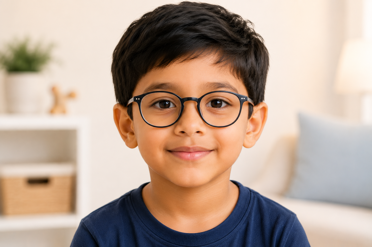 Smiling child wearing glasses to correct accommodative esotropia, with both eyes straight and well aligned.