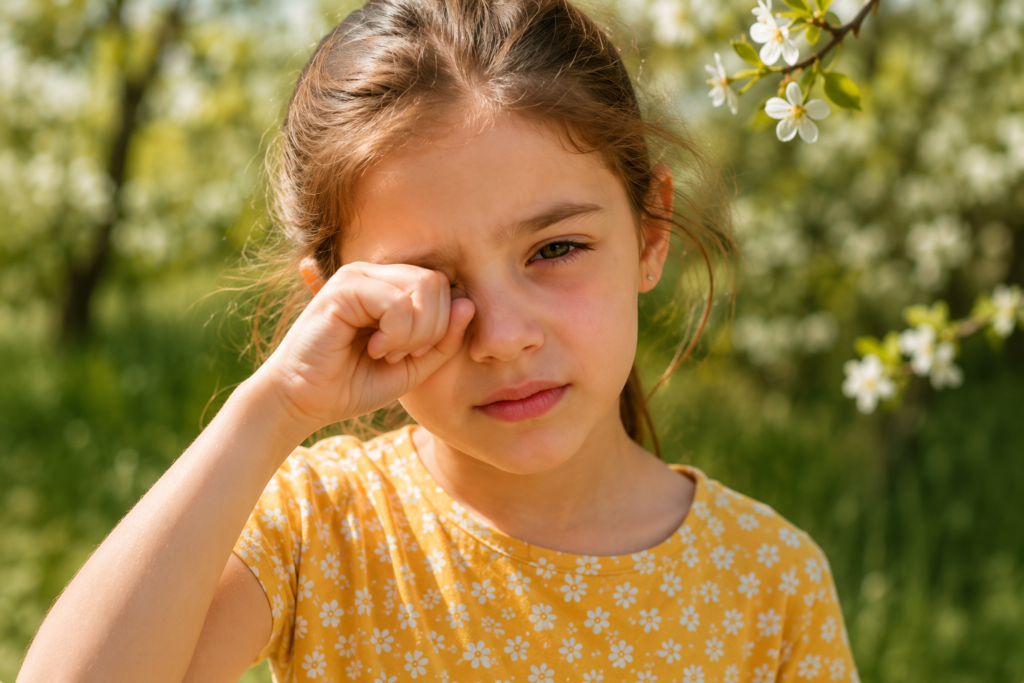 Child rubbing an itchy red eye outdoors due to allergic eye disease (allergic conjunctivitis)