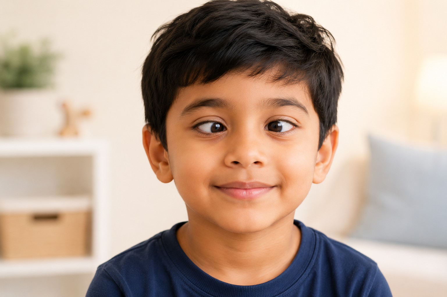 Smiling young child with an inward-turning eye (esotropia), illustrating a childhood squint.