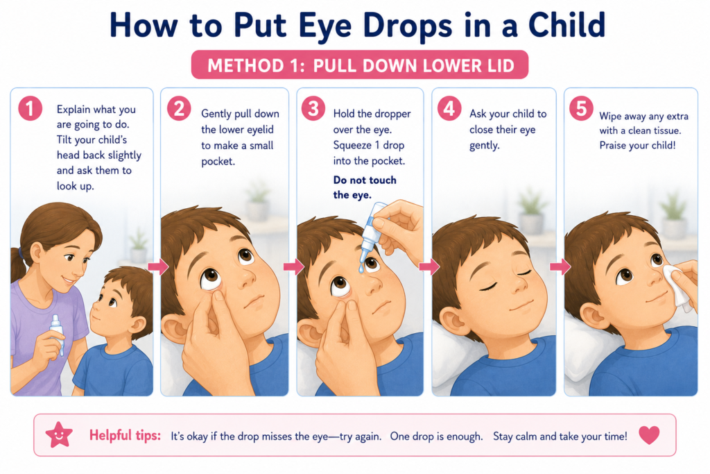 Illustrated step-by-step guide showing a parent gently pulling down a child's lower eyelid to apply eye drops safely.