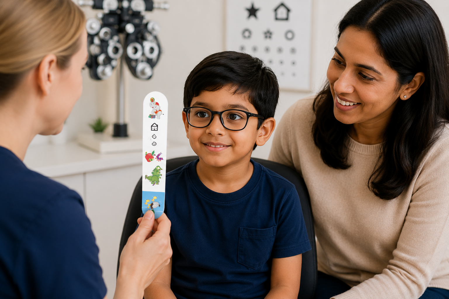 Orthoptist assessing a smiling child with glasses using a colourful fixation stick while a parent watches during a children's eye examination.