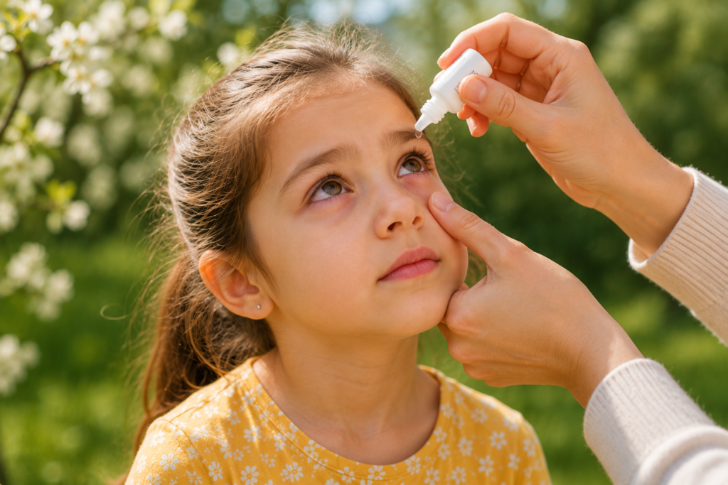 Parent carefully putting eye drops into a child's eye to treat allergic eye disease