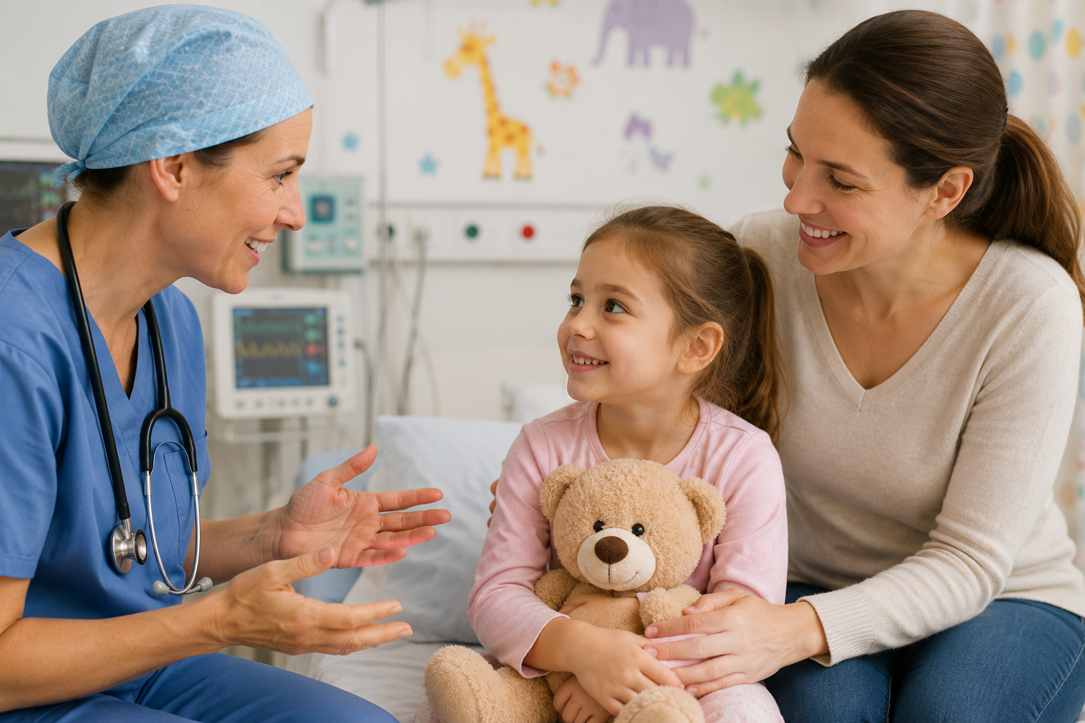 Paediatric anaesthetist talking to a smiling child holding a teddy bear with a parent before children's squint surgery.