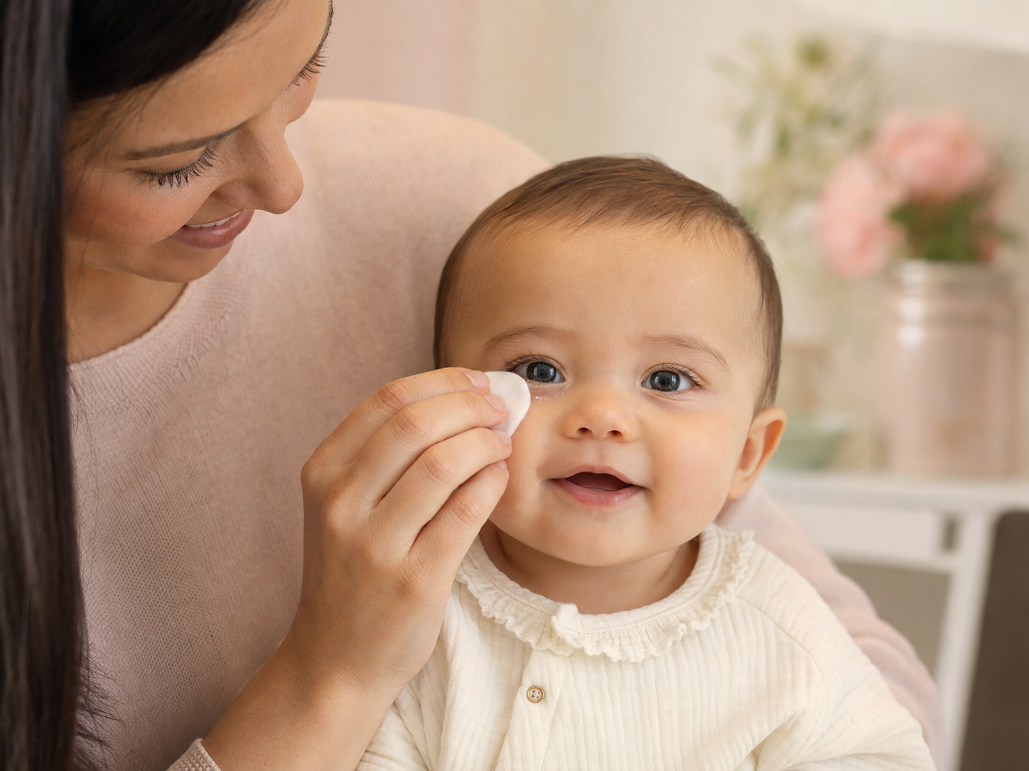 Parent gently cleaning a baby’s watery eye with a soft cotton pad